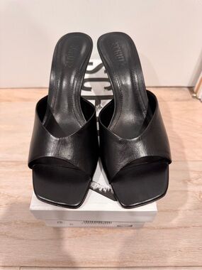 SCHUTZ Black Leather Open-Square Toe Slide Mules